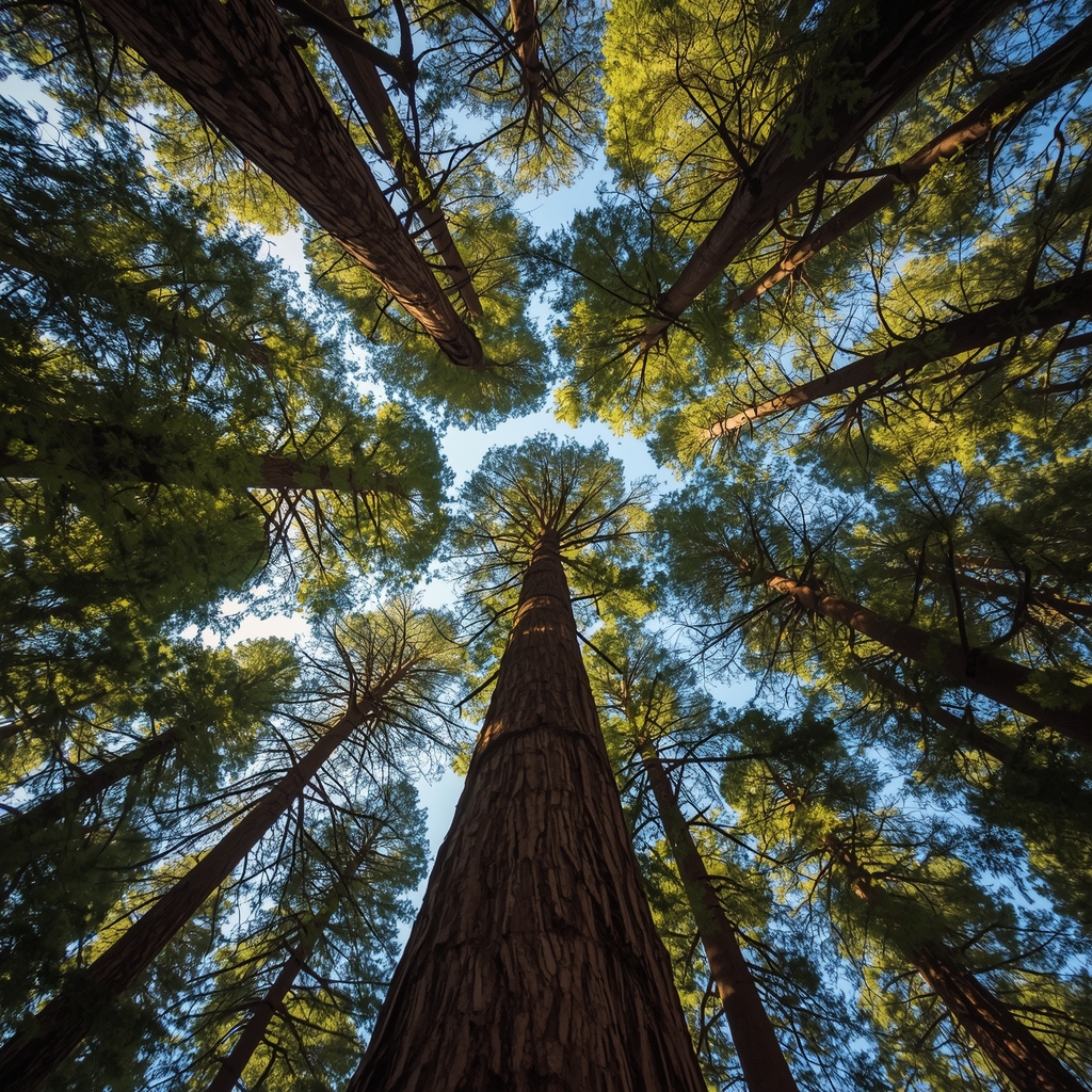 nano banana2 prompt: looking up at towering redwood majestic trees canopy, sunlight filtering through green leaves, dynamic angle, nature photography, highly detailed, no woman image