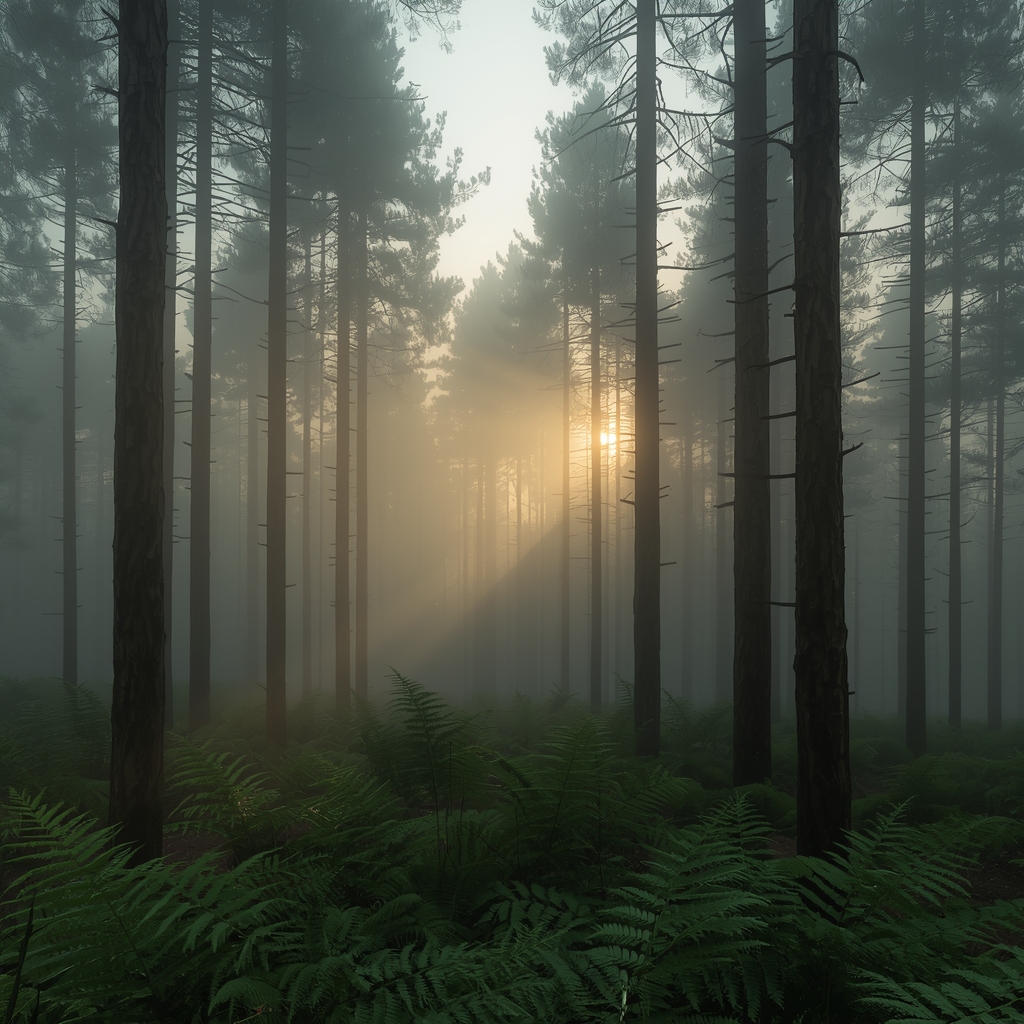 nano banana2 prompt: dense ethereal misty old-growth pine forest at dawn, magical lighting, lush green ferns, pure nature, 8k resolution, photorealistic, no woman image